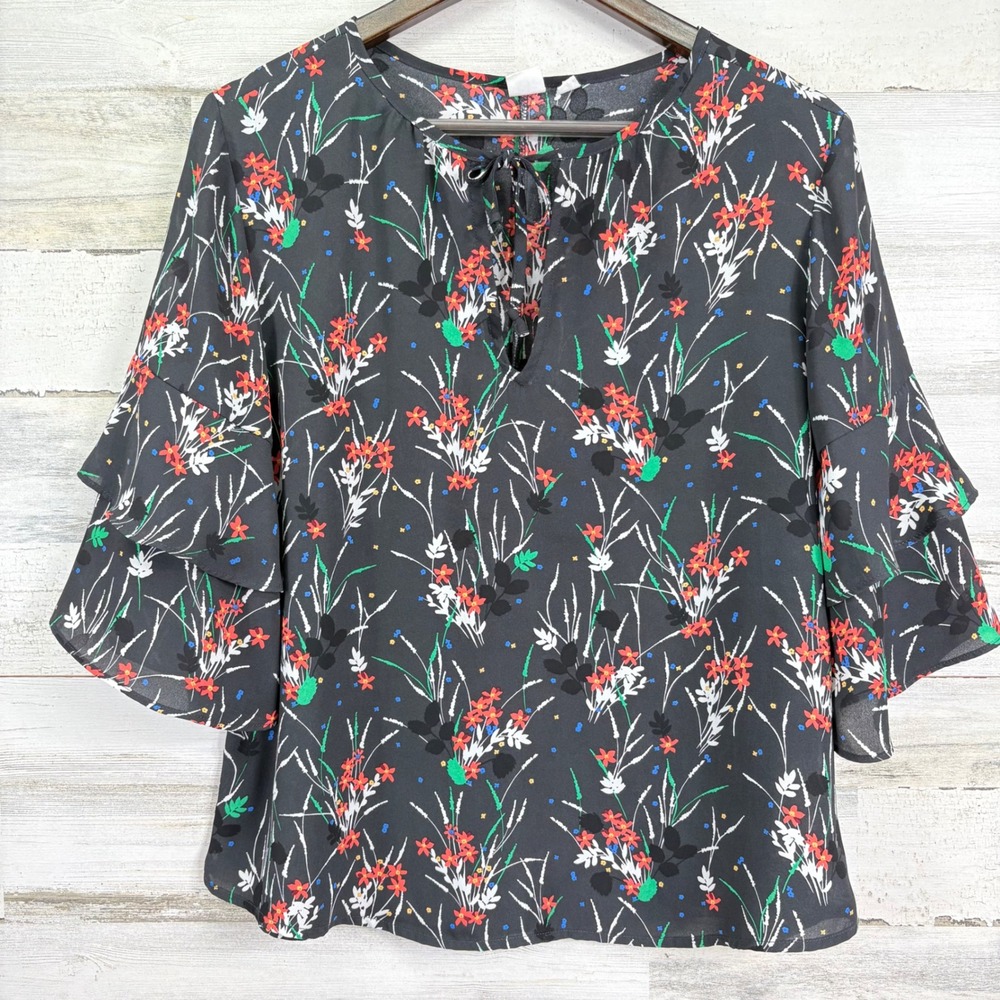 GAP Black Floral 3/4 Ruffle Sleeve Tie Neck Blouse Womens Size M‎
